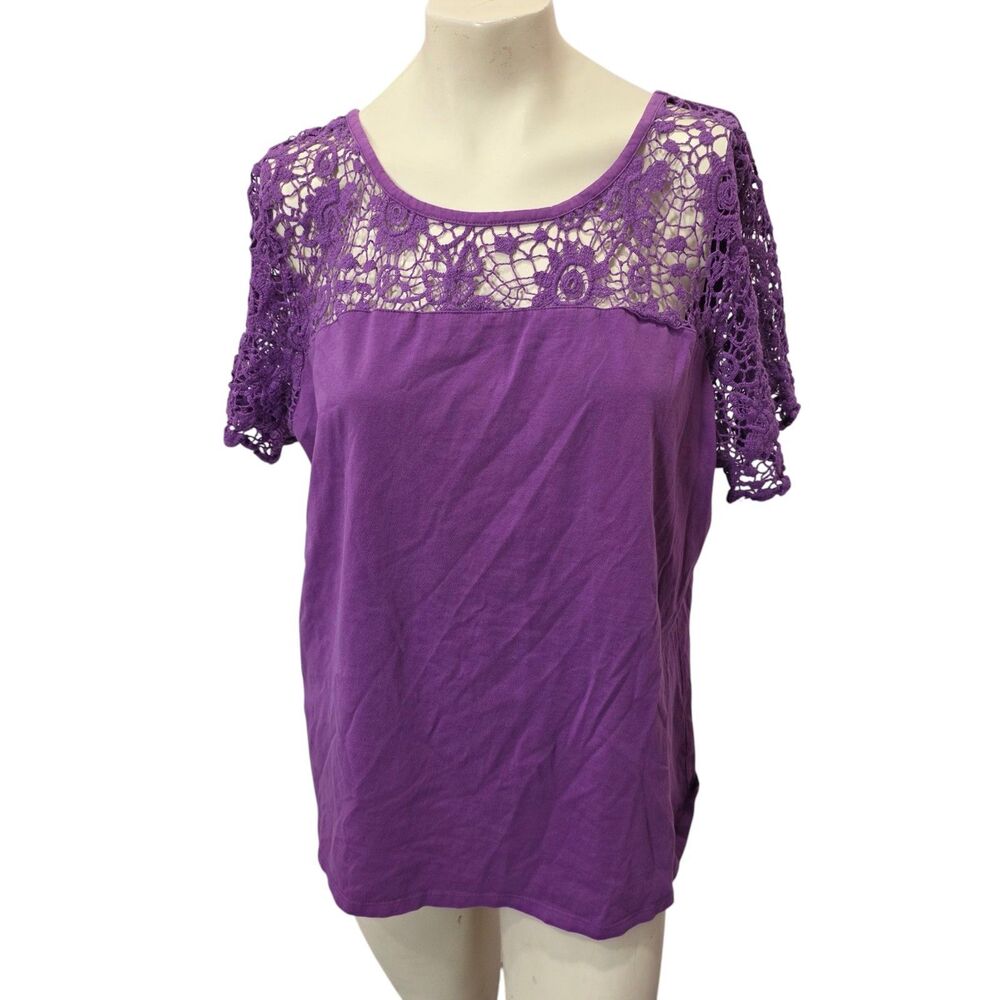 Take Two Purple Crochet Lace Sleeve Top Women's 3XL Boho Cotton Blouse Plus